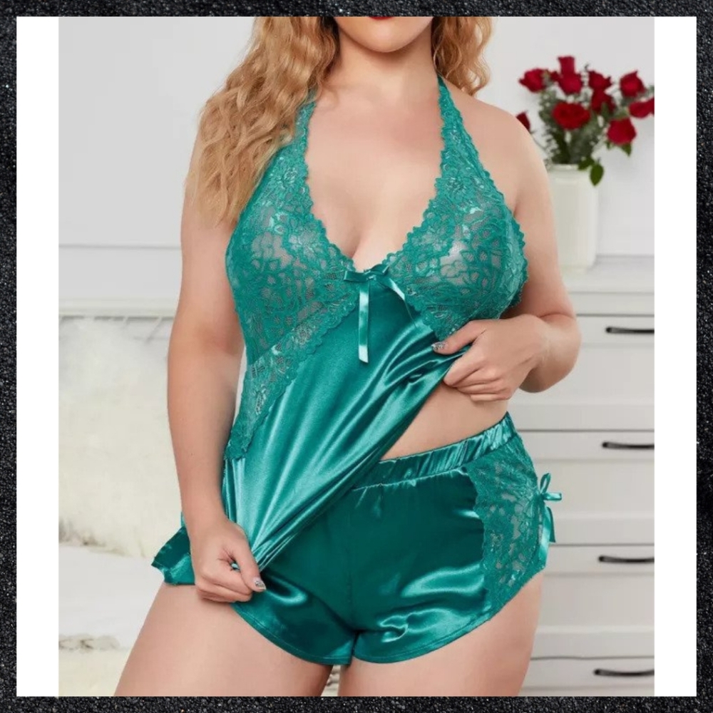 Green Satin Lace Cami & Shorts Pajamas Set